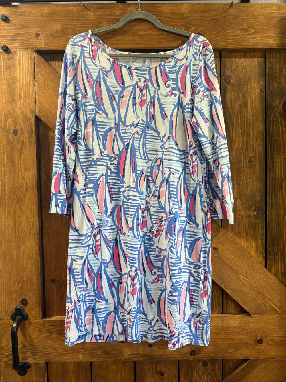 Lilly Pulitzer Blue and Pink Printed Boatneck Long-Sleeve Dress